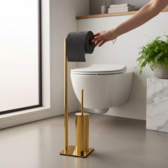Mat Gold Tuvalet Fırçası Mat Gold Tuvalet Kağıtlığı Mat Gold Çöp Kovası Ayaklı Set Pirinç Malzeme