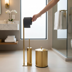 Mat Gold Tuvalet Fırçası Mat Gold Tuvalet Kağıtlığı Mat Gold Çöp Kovası Ayaklı Set Pirinç Malzeme