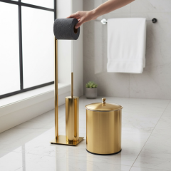 Mat Gold Tuvalet Fırçası Mat Gold Tuvalet Kağıtlığı Mat Gold Çöp Kovası Ayaklı Set Pirinç Malzeme