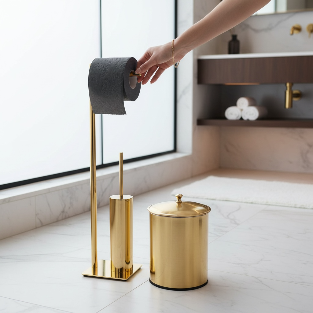 Mat Gold Tuvalet Fırçası Mat Gold Tuvalet Kağıtlığı Mat Gold Çöp Kovası Ayaklı Set Pirinç Malzeme