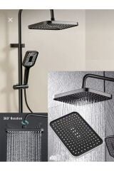 Siyah Tepe Yağmurlama Duş Seti Mat Siyah Ektra Büyük Duş Sistemi Batarya Dahil Set Fonksiyonlu