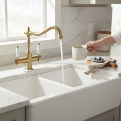 Mat Gold Arıtmalı Evye Armatürü Rustik Tasarım Fırçalanmış Altın Renk