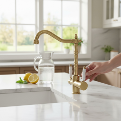 Mat Gold Arıtmalı Evye Armatürü Rustik Tasarım Fırçalanmış Altın Renk