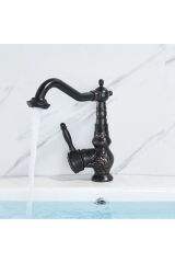 Siyah Lavabo Bataryası İşlemeli Premium Tasarım Lavabo Musluğu Rustik Tasarım Banyo Bataryası Siyah