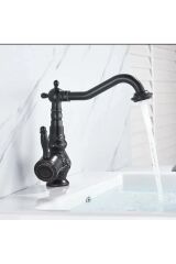 Siyah Lavabo Bataryası İşlemeli Premium Tasarım Lavabo Musluğu Rustik Tasarım Banyo Bataryası Siyah