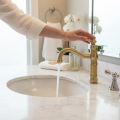 Mat Gold Avangart Lavabo Armatürü Fırçalanmış Altın Pirinç Materyal Özel Tasarım Batarya