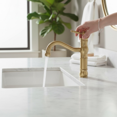 Mat Gold Avangart Lavabo Armatürü Fırçalanmış Altın Pirinç Materyal Özel Tasarım Batarya