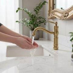 Mat Gold Avangart Lavabo Armatürü Fırçalanmış Altın Pirinç Materyal Özel Tasarım Batarya