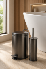 Antrasit Gri Çöp Kovası ve Klozet Fırçası Pedallı Banyo Kovası 5 Litre Antrasit Mat Gri Set