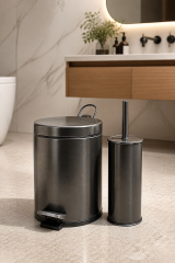 Antrasit Gri Çöp Kovası ve Klozet Fırçası Pedallı Banyo Kovası 5 Litre Antrasit Mat Gri Set