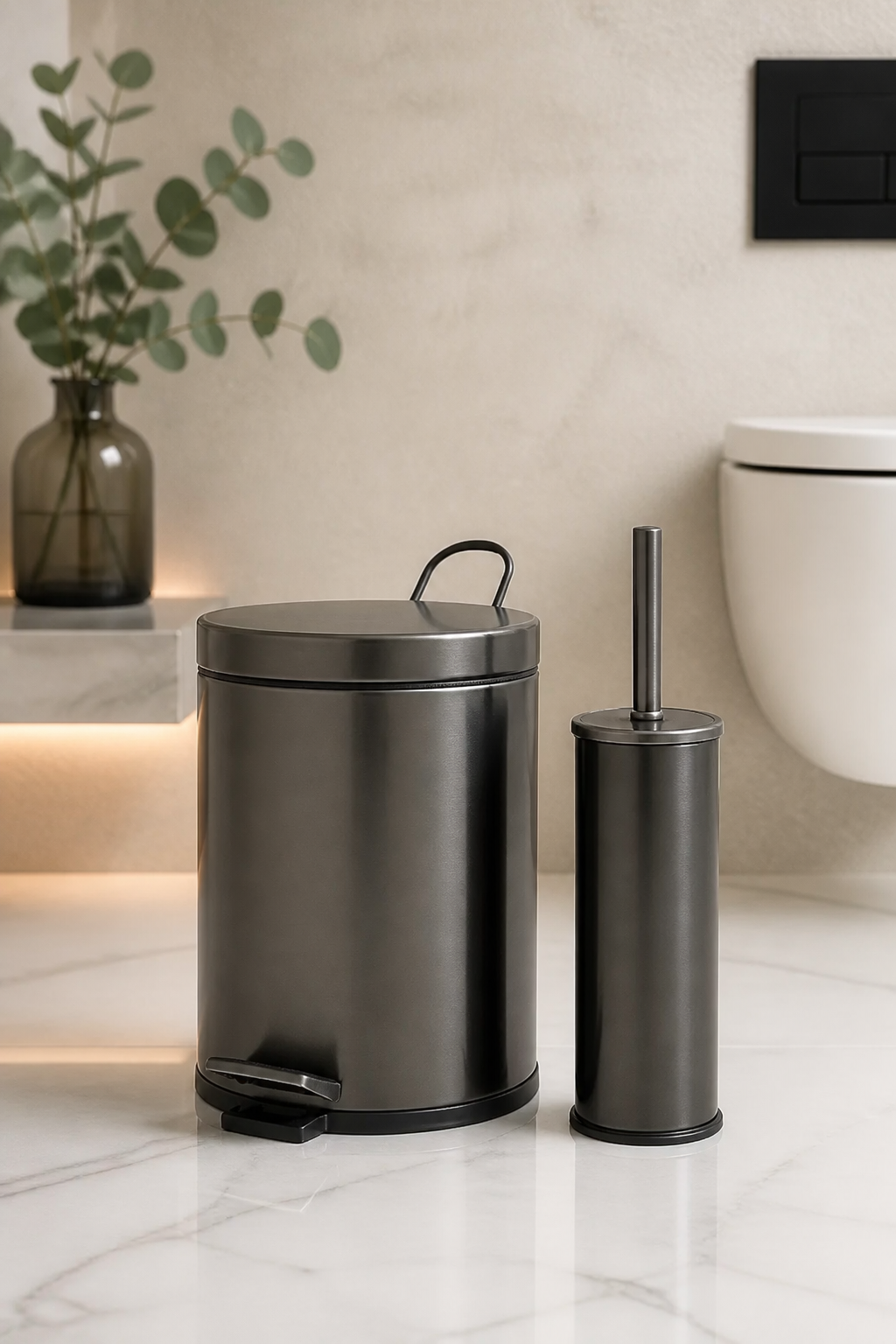 Antrasit Gri Çöp Kovası ve Klozet Fırçası Pedallı Banyo Kovası 5 Litre Antrasit Mat Gri Set