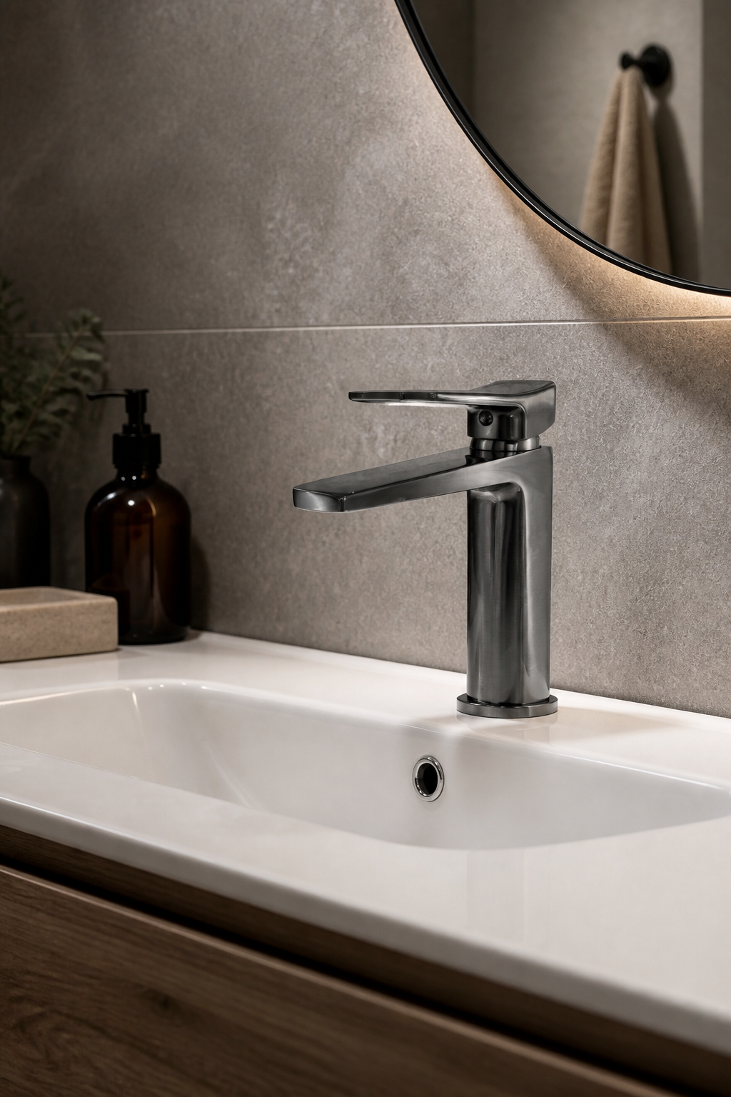 Antrasit Gri Kare Lavabo Bataryası Mat Gri Banyo Lavabo Armatürü Pirinç Materyal 5 Yıl Garantili