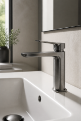 Antrasit Gri Kare Lavabo Bataryası Mat Gri Banyo Lavabo Armatürü Pirinç Materyal 5 Yıl Garantili