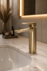 Mat Gold Kare Lavabo Bataryası Mat Altın Banyo Lavabo Armatürü Pirinç Materyal 5 Yıl Garantili