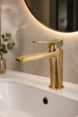 Mat Gold Kare Lavabo Bataryası Mat Altın Banyo Lavabo Armatürü Pirinç Materyal 5 Yıl Garantili