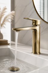 Mat Gold Kare Lavabo Bataryası Mat Altın Banyo Lavabo Armatürü Pirinç Materyal 5 Yıl Garantili