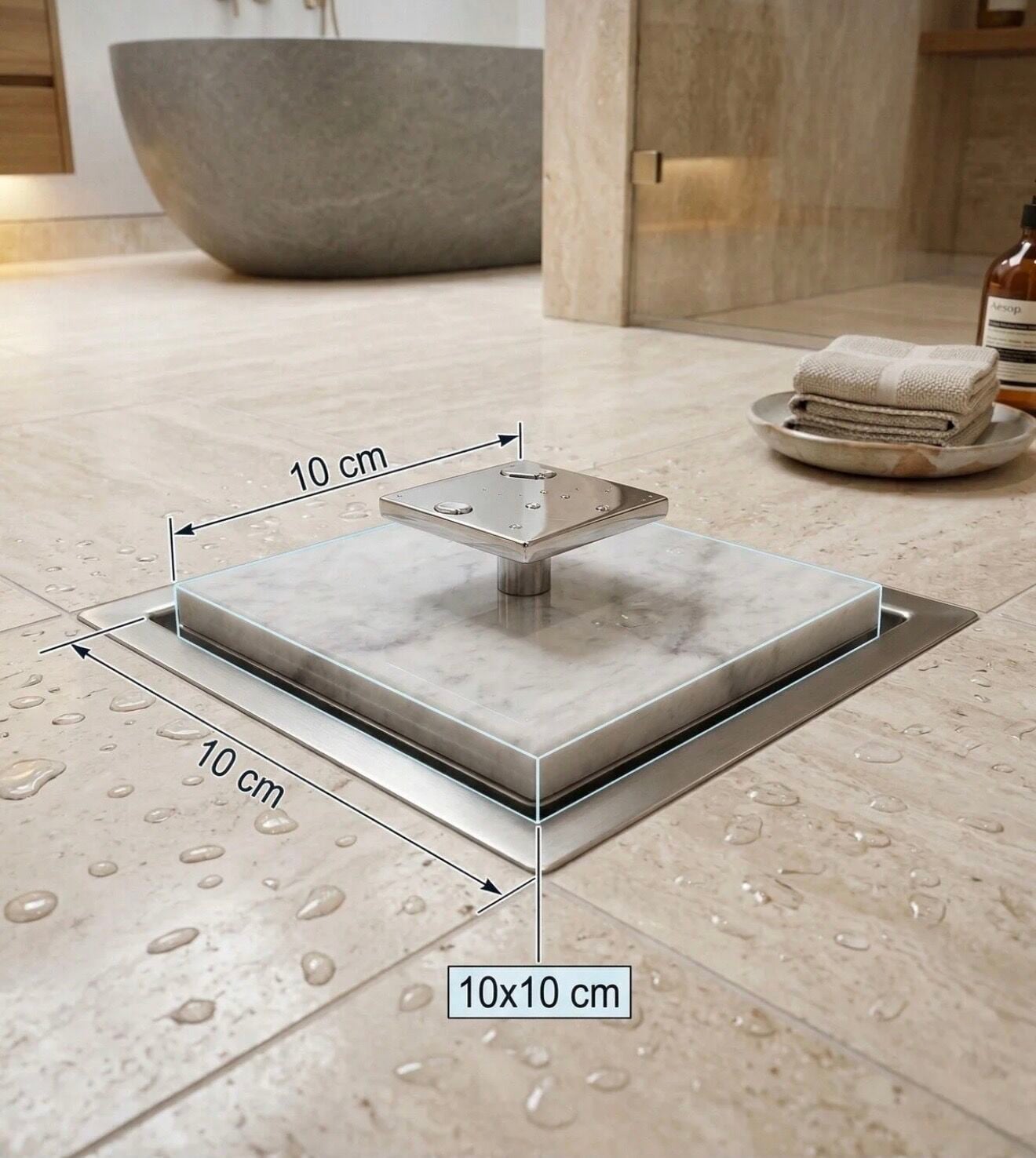 Mermer Banyo Gideri Gümüş Beyaz Doğal Mermer Koku Gidericili Banyo Yer Süzgeci Kapatıcı Beyaz Mermer Gümüş Kulp 10X10 Ölçü Standart