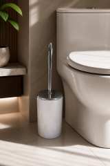 Beyaz Mermer Tuvalet Fırçası Gümüş Kulp Özel Beyaz Mermer Banyo Klozet Fırçası Doğal Mermer Krom Renk