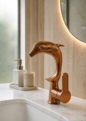 Bakır Bronz Lavabo Bataryası Motifli Yunus Tasarım Mat Lavabo Armatürü Su Lekesi Bırakmaz Özel Tasarım Bakır Lavabo Armatürü