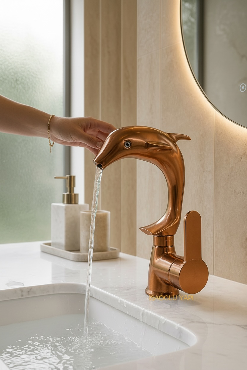 Bakır Bronz Lavabo Bataryası Motifli Yunus Tasarım Mat Lavabo Armatürü Su Lekesi Bırakmaz Özel Tasarım Bakır Lavabo Armatürü