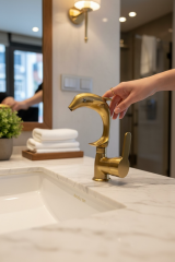 Mat Gold Lavabo Bataryası Motifli Yunus Tasarım Mat Lavabo Armatürü Su Lekesi Bırakmaz Özel Tasarım Altın Lavabo Armatürü
