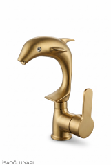 Mat Gold Lavabo Bataryası Motifli Yunus Tasarım Mat Lavabo Armatürü Su Lekesi Bırakmaz Özel Tasarım Altın Lavabo Armatürü