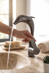 Antrasit Gri Lavabo Bataryası Motifli Yunus Tasarım Mat Lavabo Armatürü Su Lekesi Bırakmaz Özel Tasarım Antrasit Lavabo Armatürü