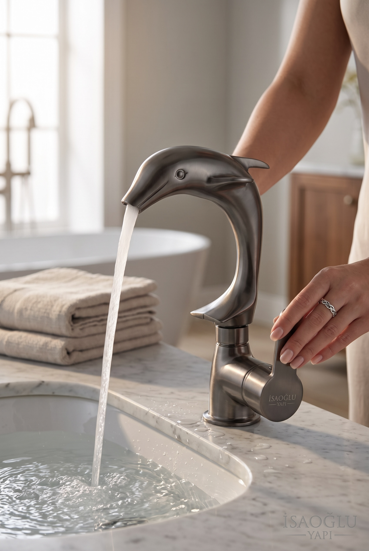 Antrasit Gri Lavabo Bataryası Motifli Yunus Tasarım Mat Lavabo Armatürü Su Lekesi Bırakmaz Özel Tasarım Antrasit Lavabo Armatürü
