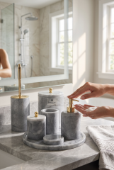 Mermer Banyo Seti 7 Parça Gold Mermer Sabunluk Çöp Kovası Diş Fırçalık Klozet Fırçası Pamukluk Komple Mermer Set