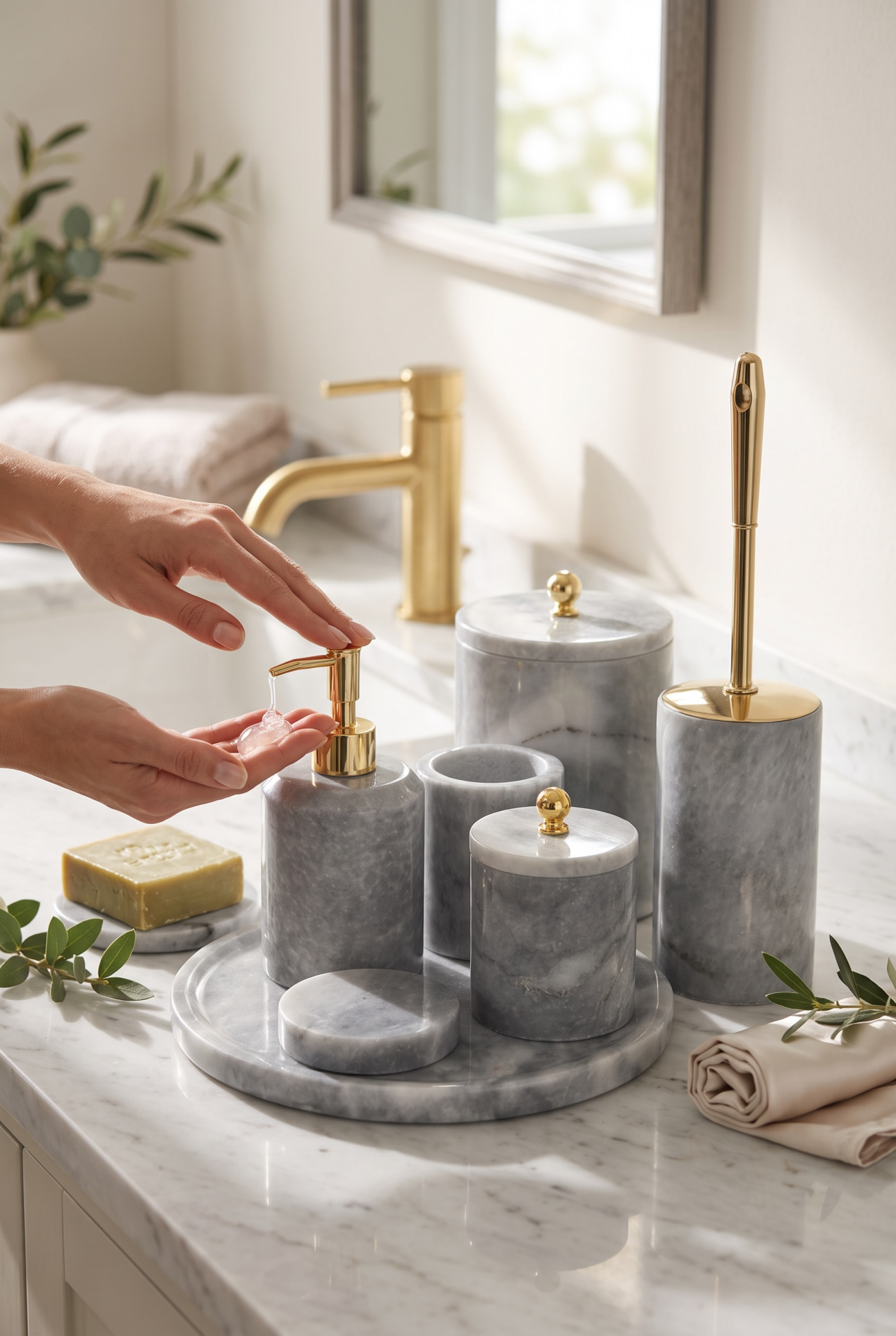 Mermer Banyo Seti 7 Parça Gold Mermer Sabunluk Çöp Kovası Diş Fırçalık Klozet Fırçası Pamukluk Komple Mermer Set