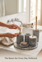 Mermer Banyo Seti 7 Parça Gold Mermer Sabunluk Çöp Kovası Diş Fırçalık Klozet Fırçası Pamukluk Komple Mermer Set