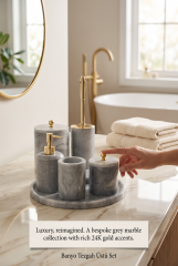 Mermer Banyo Seti 7 Parça Gold Mermer Sabunluk Çöp Kovası Diş Fırçalık Klozet Fırçası Pamukluk Komple Mermer Set