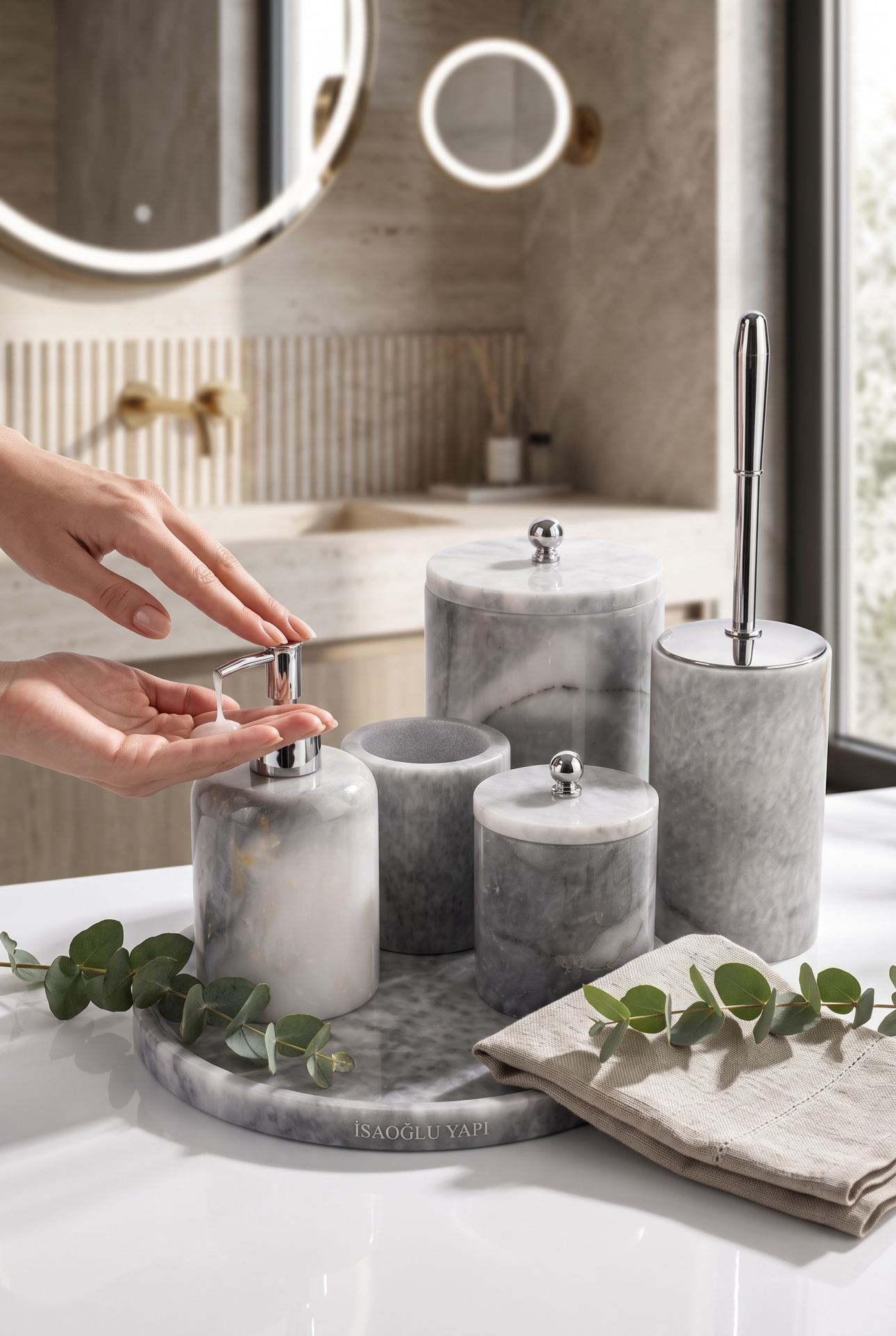 Mermer Banyo Seti 7 Parça Gümüş Mermer Sabunluk Çöp Kovası Diş Fırçalık Klozet Fırçası Pamukluk Komple Mermer Set