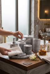 Mermer Banyo Seti 7 Parça Gümüş Mermer Sabunluk Çöp Kovası Diş Fırçalık Klozet Fırçası Pamukluk Komple Mermer Set