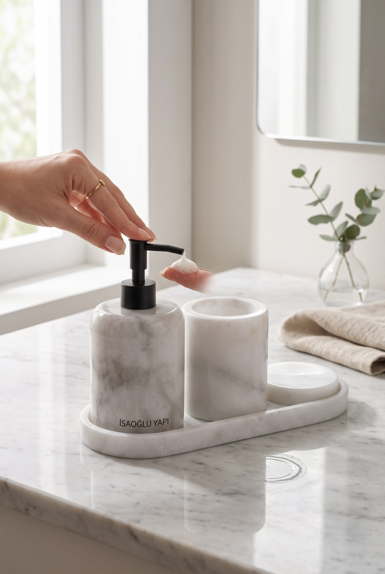 Beyaz Mermer Sabunluk Diş Fırçalık ve Katı Sabunluk Seti Siyah Aksesuar Doğal Beyaz Mermer Banyo Seti