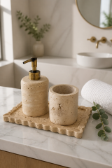 Antik Gold Traverten Mermer Sabunluk Diş Fırçalık ve Seti Eskitme  Aksesuar Doğal Traverten Mermer Banyo Seti