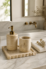 Antik Gold Traverten Mermer Sabunluk Diş Fırçalık ve Seti Eskitme  Aksesuar Doğal Traverten Mermer Banyo Seti