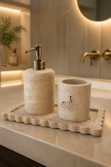 Antik Gold Traverten Mermer Sabunluk Diş Fırçalık ve Seti Eskitme  Aksesuar Doğal Traverten Mermer Banyo Seti
