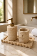 Antik Gold Traverten Mermer Sabunluk Diş Fırçalık ve Seti Eskitme  Aksesuar Doğal Traverten Mermer Banyo Seti