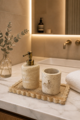 Antik Gold Traverten Mermer Sabunluk Diş Fırçalık ve Seti Eskitme  Aksesuar Doğal Traverten Mermer Banyo Seti