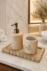 Antik Gold Traverten Mermer Sabunluk Diş Fırçalık ve Seti Eskitme  Aksesuar Doğal Traverten Mermer Banyo Seti