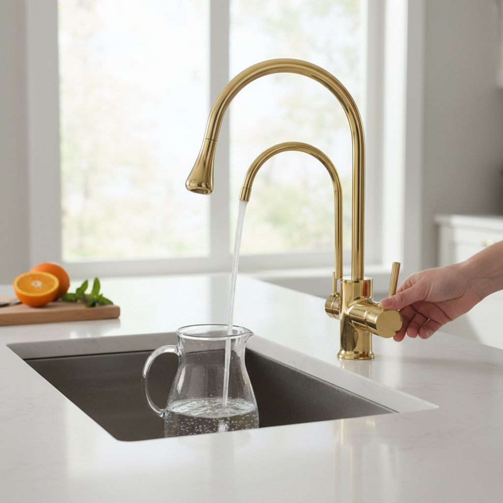 Gold Arıtmalı Mutfak Bataryası Arıtıcılı Evye Armatür Modern Tasarım Özel Üretim Armatür