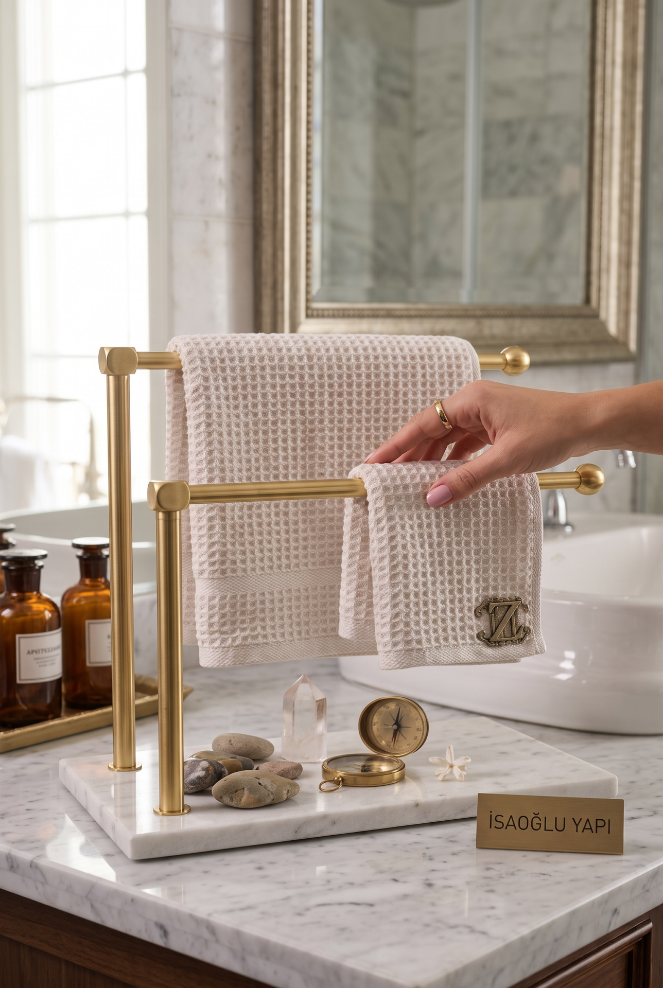 Gold Havluluk Banyo Tezgah Üstü İkili Havluluk Mermer Tasarım Birinci Kalite Banyo Gold Havluluk Paslanmaz Pirinç