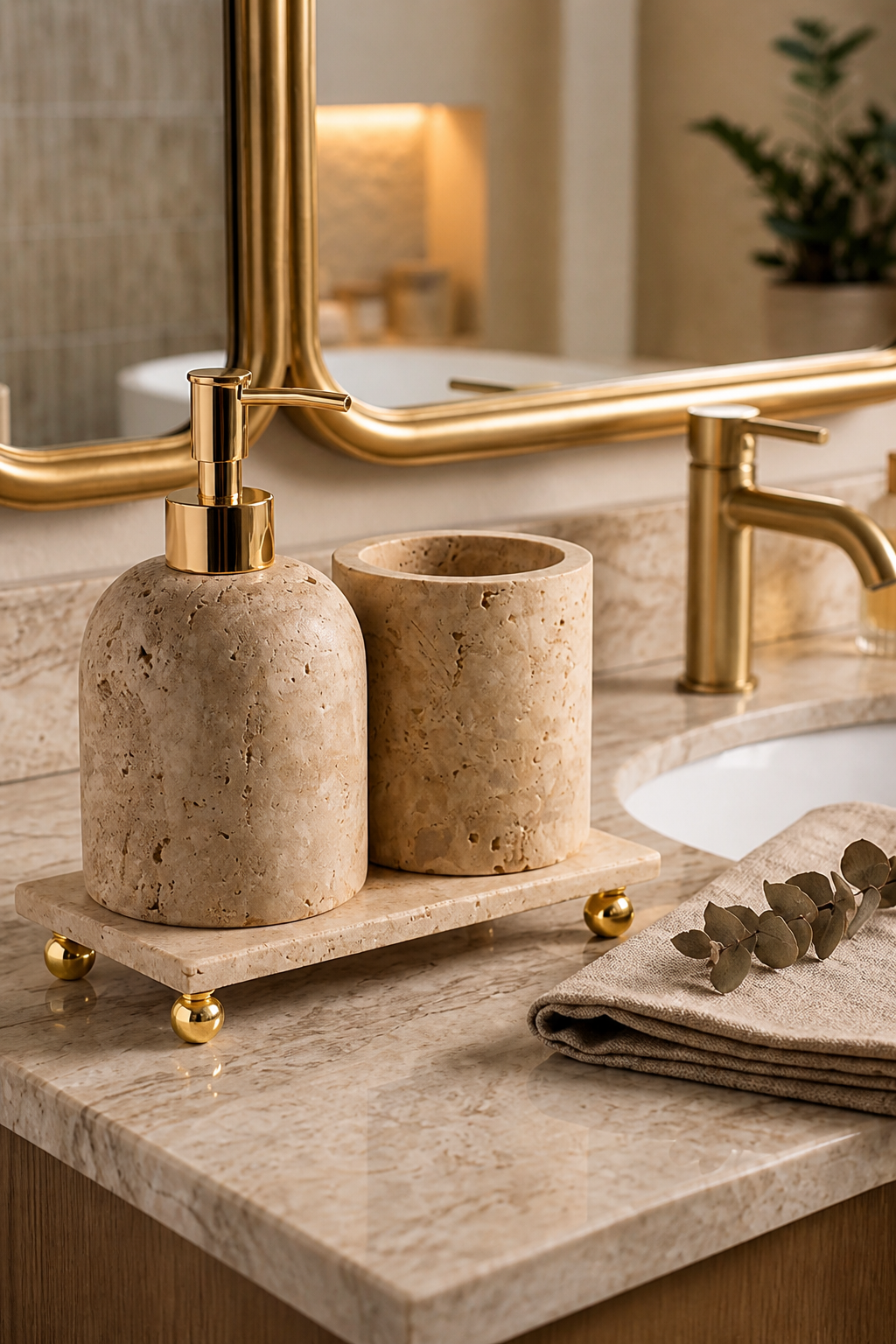 Banyo Traverten Sabunluk Seti Gold Renk Doğal Traverten Mermer Diş Fırçalık ve Sıvı Sabunluk Seti