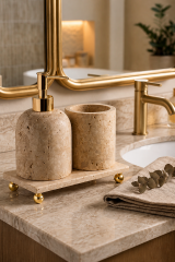 Banyo Traverten Sabunluk Seti Gold Renk Doğal Traverten Mermer Diş Fırçalık ve Sıvı Sabunluk Seti