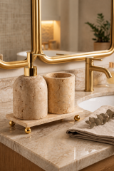 Banyo Traverten Sabunluk Seti Gold Renk Doğal Traverten Mermer Diş Fırçalık ve Sıvı Sabunluk Seti