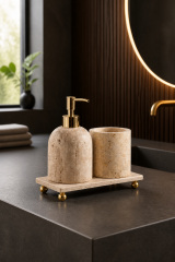 Banyo Traverten Sabunluk Seti Gold Renk Doğal Traverten Mermer Diş Fırçalık ve Sıvı Sabunluk Seti