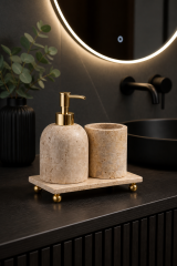 Banyo Traverten Sabunluk Seti Gold Renk Doğal Traverten Mermer Diş Fırçalık ve Sıvı Sabunluk Seti