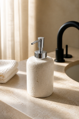 Banyo Traverten Sabunluk Seti Gümüş Renk Doğal Traverten Mermer Diş Fırçalık ve Sıvı Sabunluk Seti