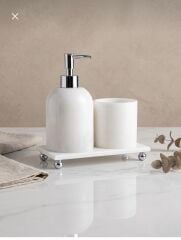 Banyo Traverten Sabunluk Seti Gümüş Renk Doğal Traverten Mermer Diş Fırçalık ve Sıvı Sabunluk Seti